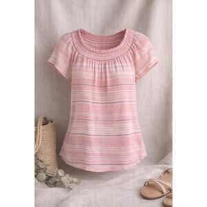 Beachlunchlounge Pink Stripe Smocked Neck Boho Top Short Sleeve Cotton Smal